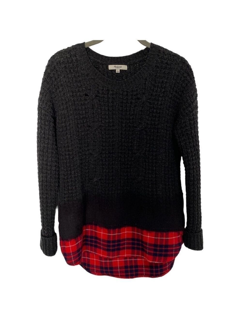 Madewell Cable Knit Merino Wool Sweater Woman’s Sz S Plaid Flannel Bottom